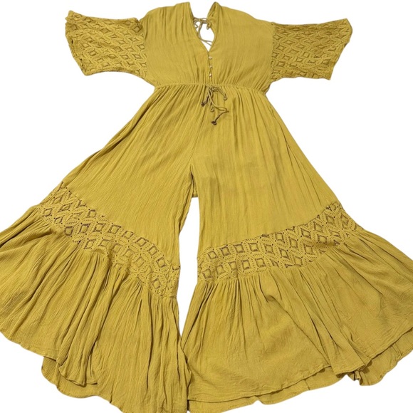 Free People Angela Yellow Boho Jumpsuit with Bell and Lace Detail Size Medium - Picture 5 of 13